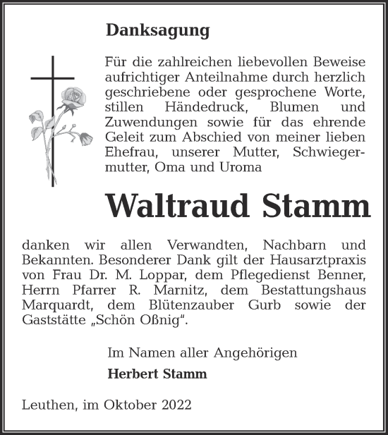 Traueranzeige von Waltraud Stamm von lausitzer_rundschau