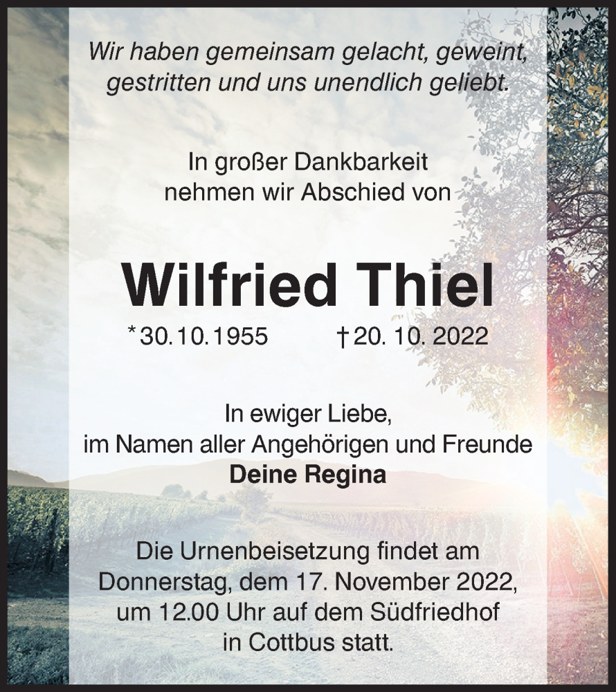  Traueranzeige für Wilfried Thiel vom 29.10.2022 aus lausitzer_rundschau