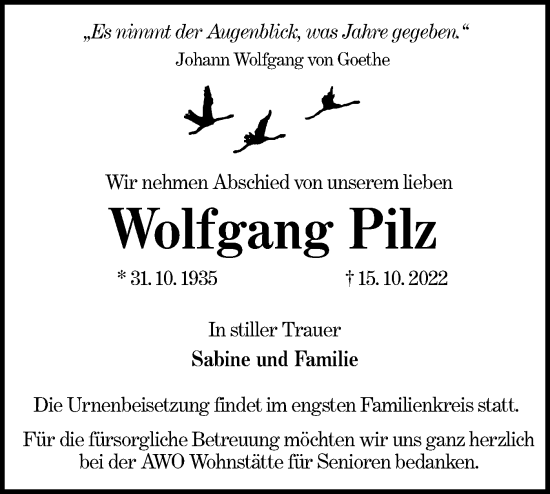 Traueranzeige von Wolfgang Pilz von lausitzer_rundschau
