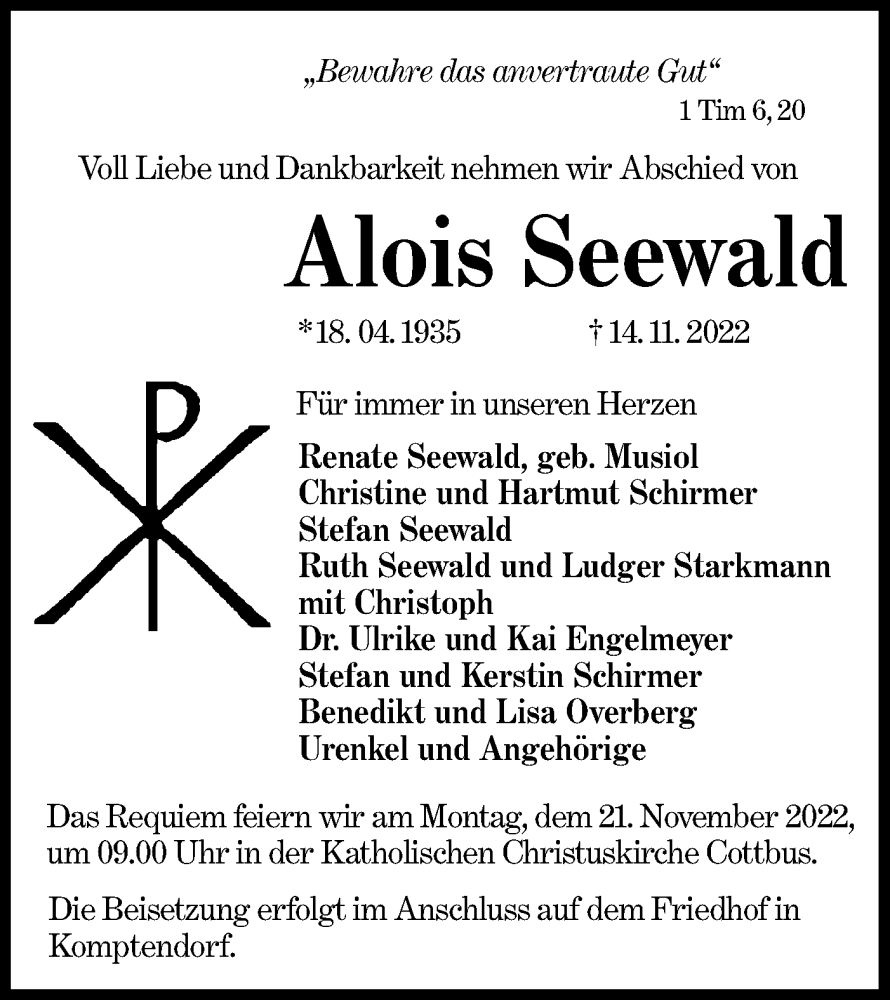  Traueranzeige für Alois Seewald vom 17.11.2022 aus lausitzer_rundschau