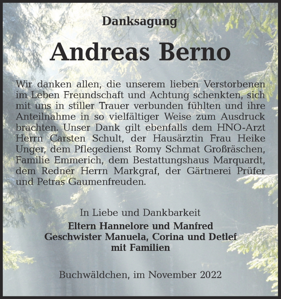  Traueranzeige für Andreas Berno vom 19.11.2022 aus lausitzer_rundschau