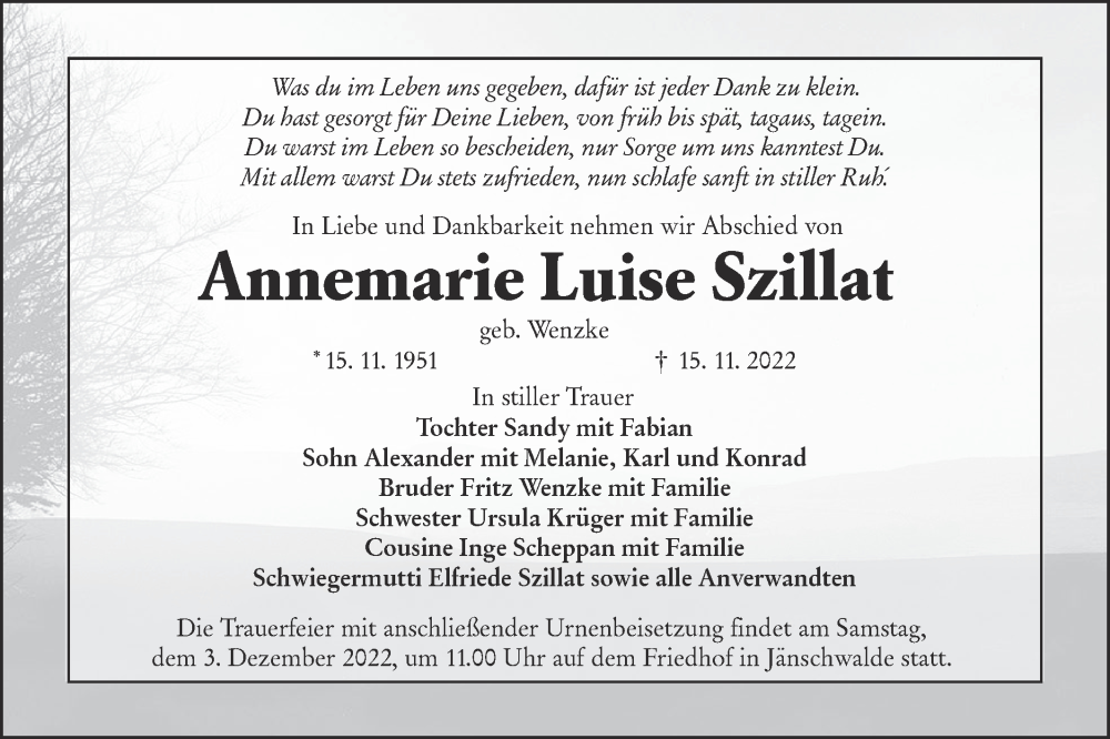  Traueranzeige für Annemarie Luise Szillat vom 19.11.2022 aus lausitzer_rundschau