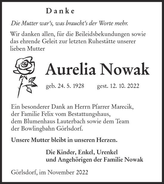 Traueranzeige von Aurelia Nowak von lausitzer_rundschau