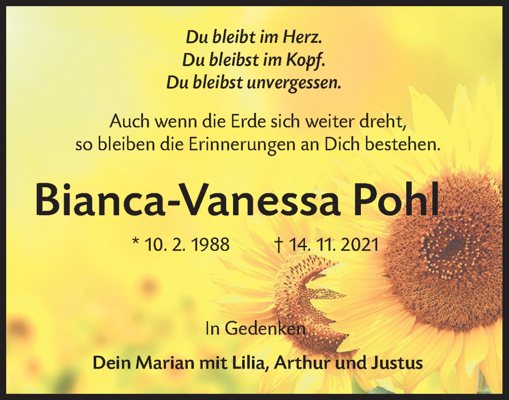  Traueranzeige für Bianca-Vanessa Pohl vom 14.11.2022 aus lausitzer_rundschau