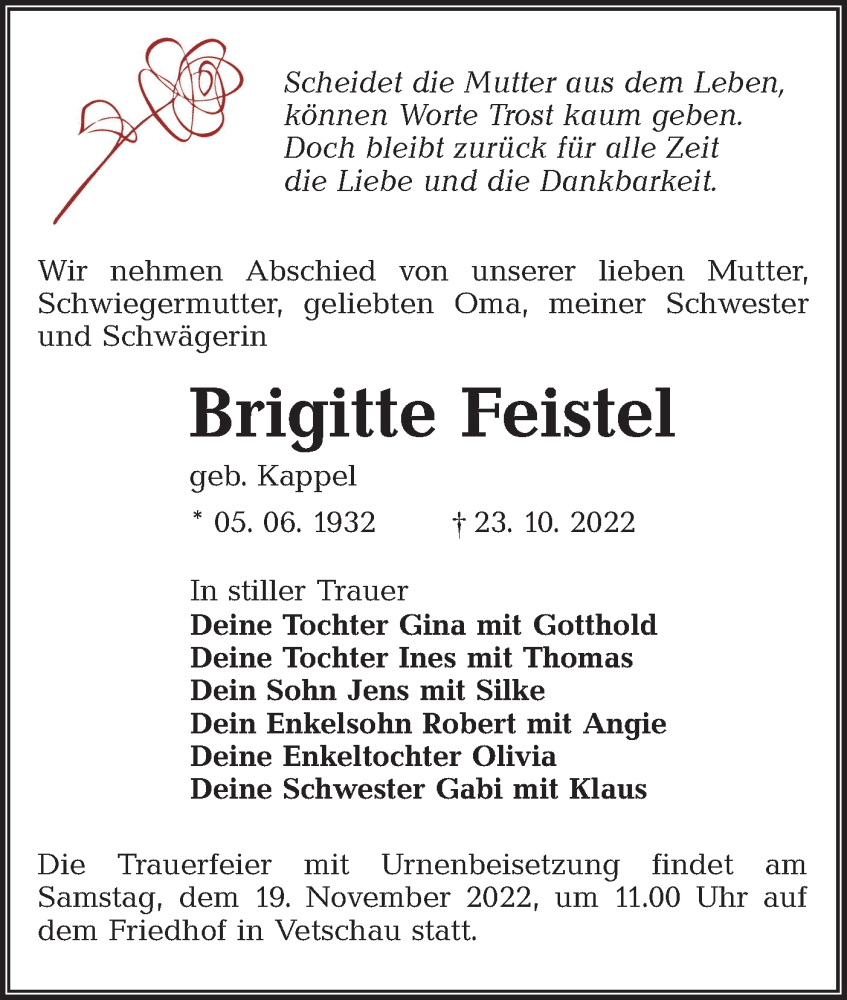  Traueranzeige für Brigitte Feistel vom 05.11.2022 aus lausitzer_rundschau