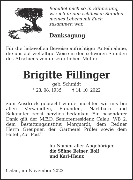 Traueranzeige von Brigitte Fillinger von lausitzer_rundschau