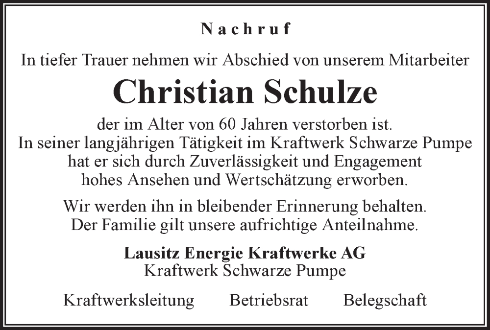  Traueranzeige für Christian Schulze vom 19.11.2022 aus lausitzer_rundschau