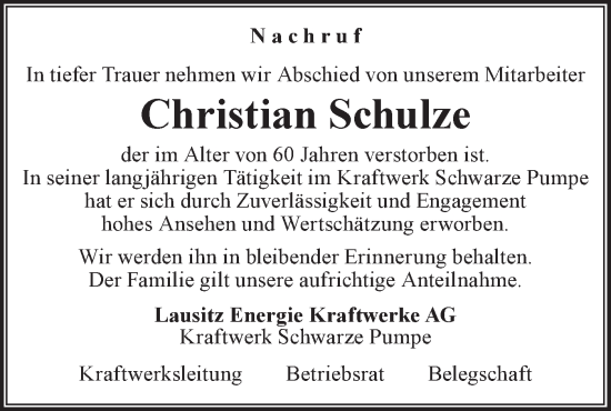 Traueranzeige von Christian Schulze von lausitzer_rundschau