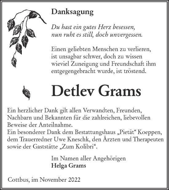 Traueranzeige von Detlev Grams von lausitzer_rundschau