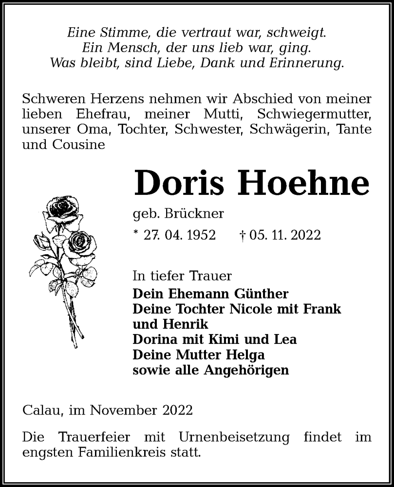  Traueranzeige für Doris Hoehne vom 12.11.2022 aus lausitzer_rundschau