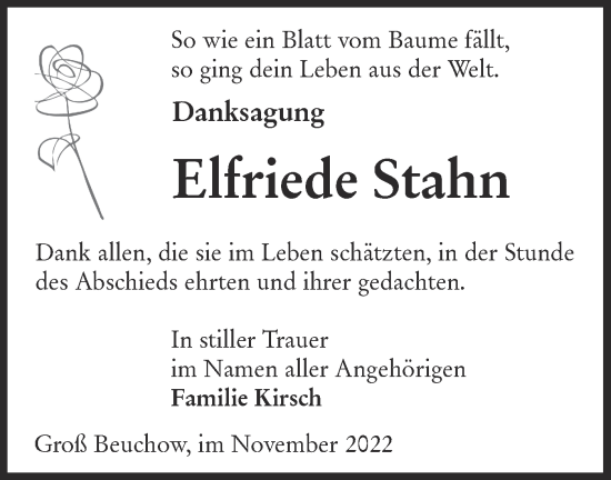 Traueranzeige von Elfriede Stahn von lausitzer_rundschau