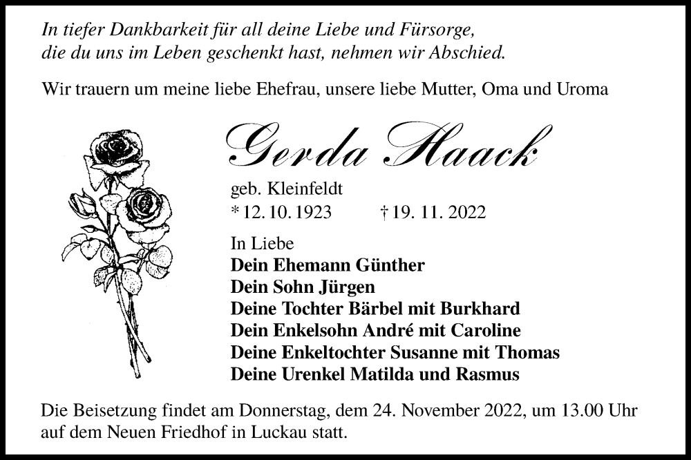  Traueranzeige für Gerda Haack vom 22.11.2022 aus lausitzer_rundschau