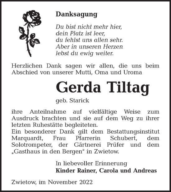 Traueranzeige von Gerda Tiltag von lausitzer_rundschau