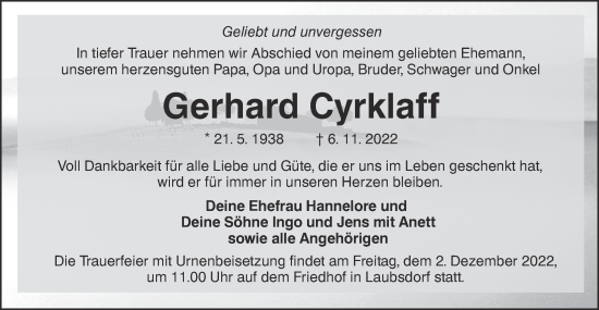 Traueranzeige von Gerhard Cyrklaff von lausitzer_rundschau