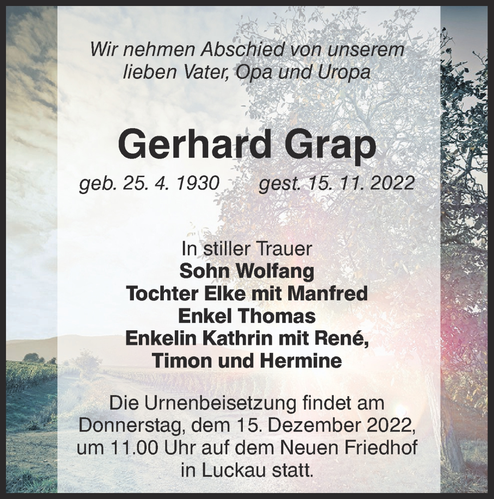  Traueranzeige für Gerhard Grap vom 19.11.2022 aus lausitzer_rundschau