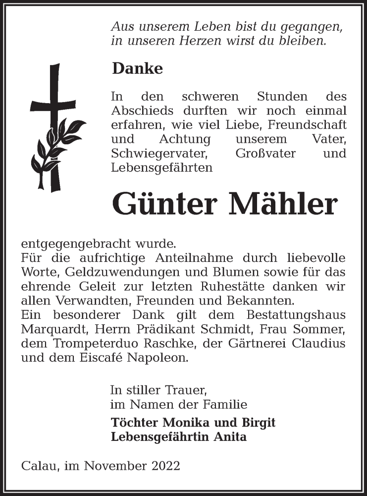  Traueranzeige für Günter Mähler vom 05.11.2022 aus lausitzer_rundschau