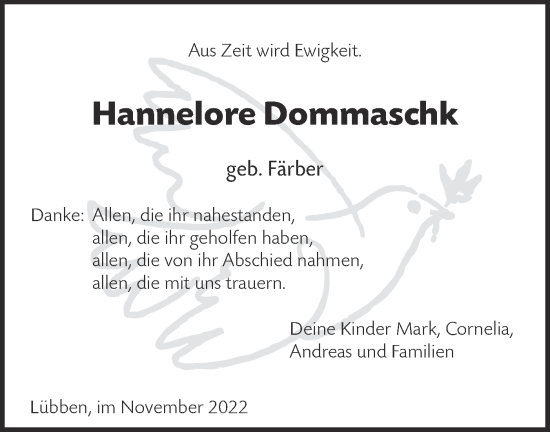 Traueranzeige von Hannelore Dommaschk von lausitzer_rundschau