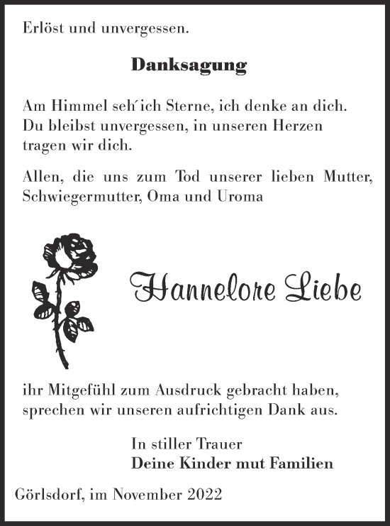 Traueranzeige von Hannelore Liebe von lausitzer_rundschau