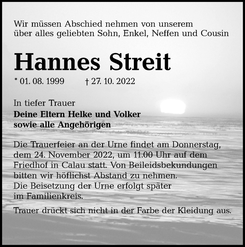  Traueranzeige für Hannes Streit vom 12.11.2022 aus lausitzer_rundschau