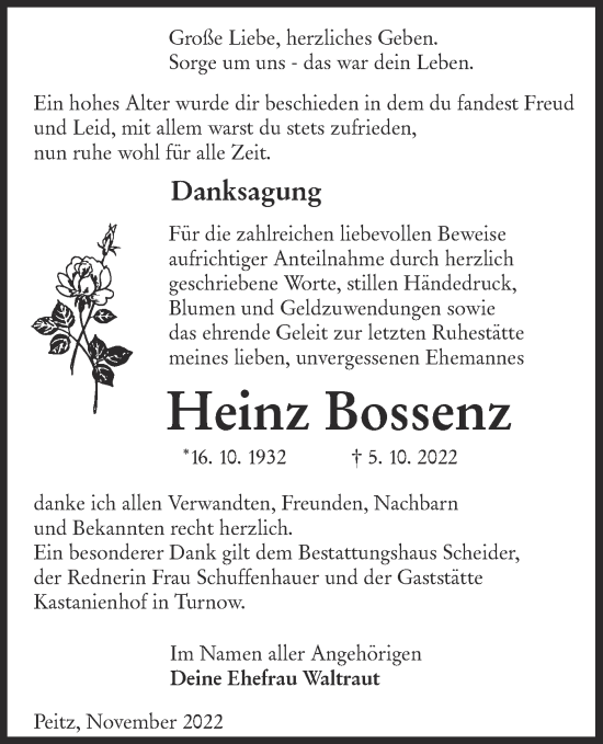 Traueranzeige von Heinz Bossenz von lausitzer_rundschau