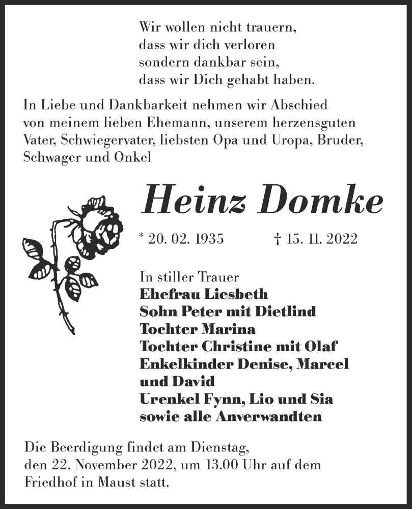  Traueranzeige für Heinz Domke vom 19.11.2022 aus lausitzer_rundschau