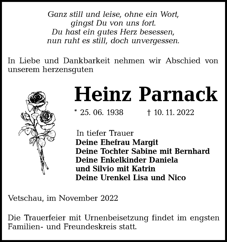  Traueranzeige für Heinz Parnack vom 19.11.2022 aus lausitzer_rundschau