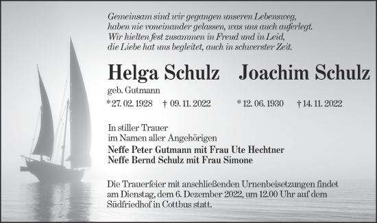 Traueranzeige von Helga und Joachim Schulz von lausitzer_rundschau
