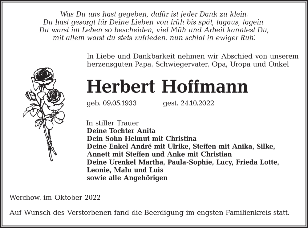  Traueranzeige für Herbert Hoffmann vom 05.11.2022 aus lausitzer_rundschau