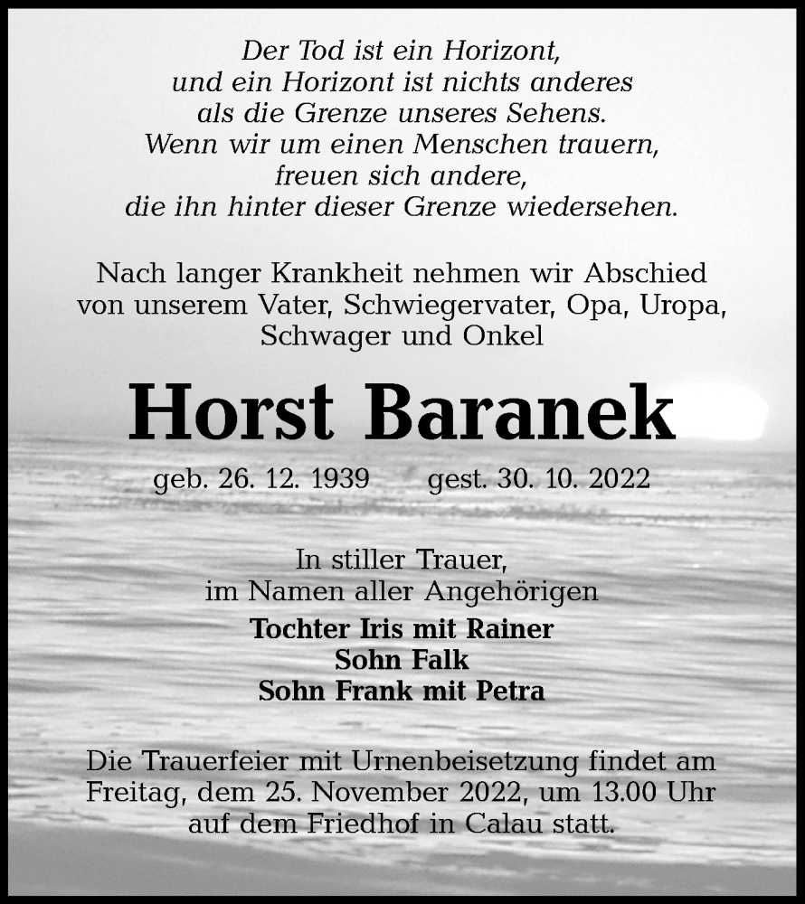  Traueranzeige für Horst Baranek vom 12.11.2022 aus lausitzer_rundschau