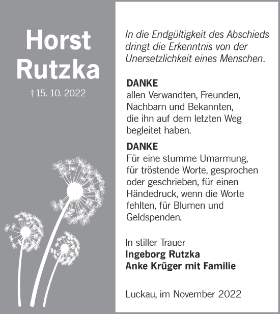 Traueranzeige von Horst Rutzka von lausitzer_rundschau