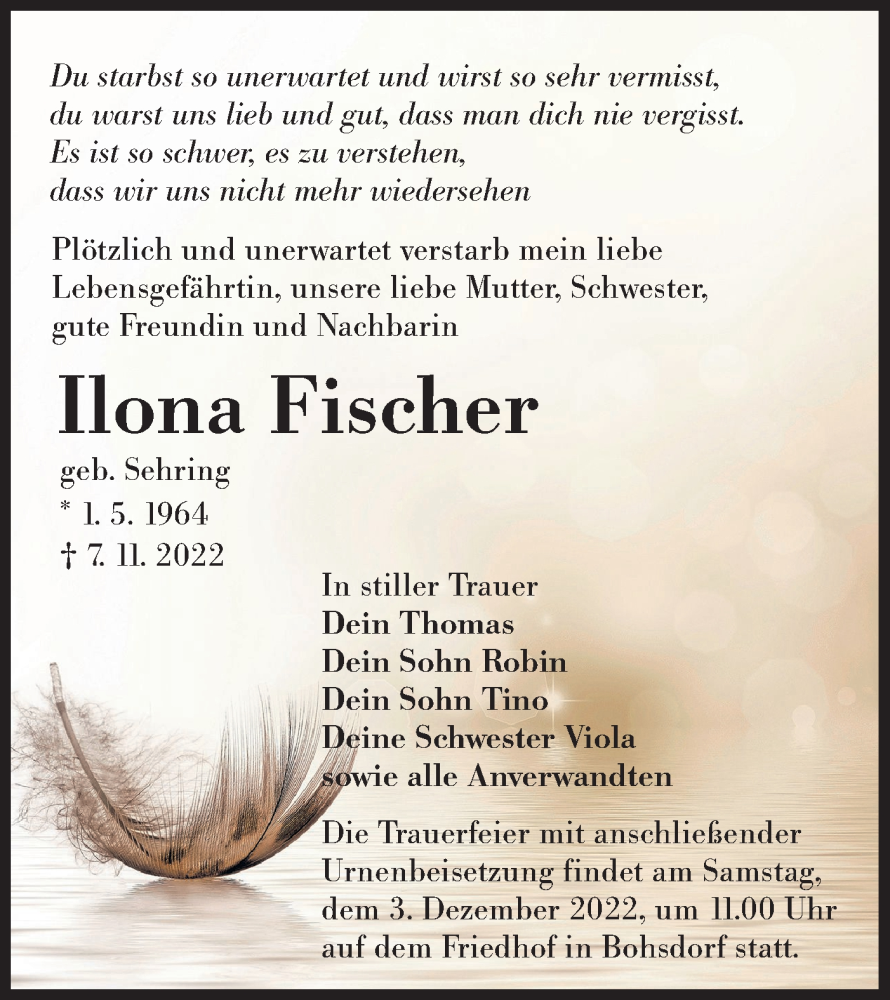  Traueranzeige für Ilona Fischer vom 26.11.2022 aus lausitzer_rundschau