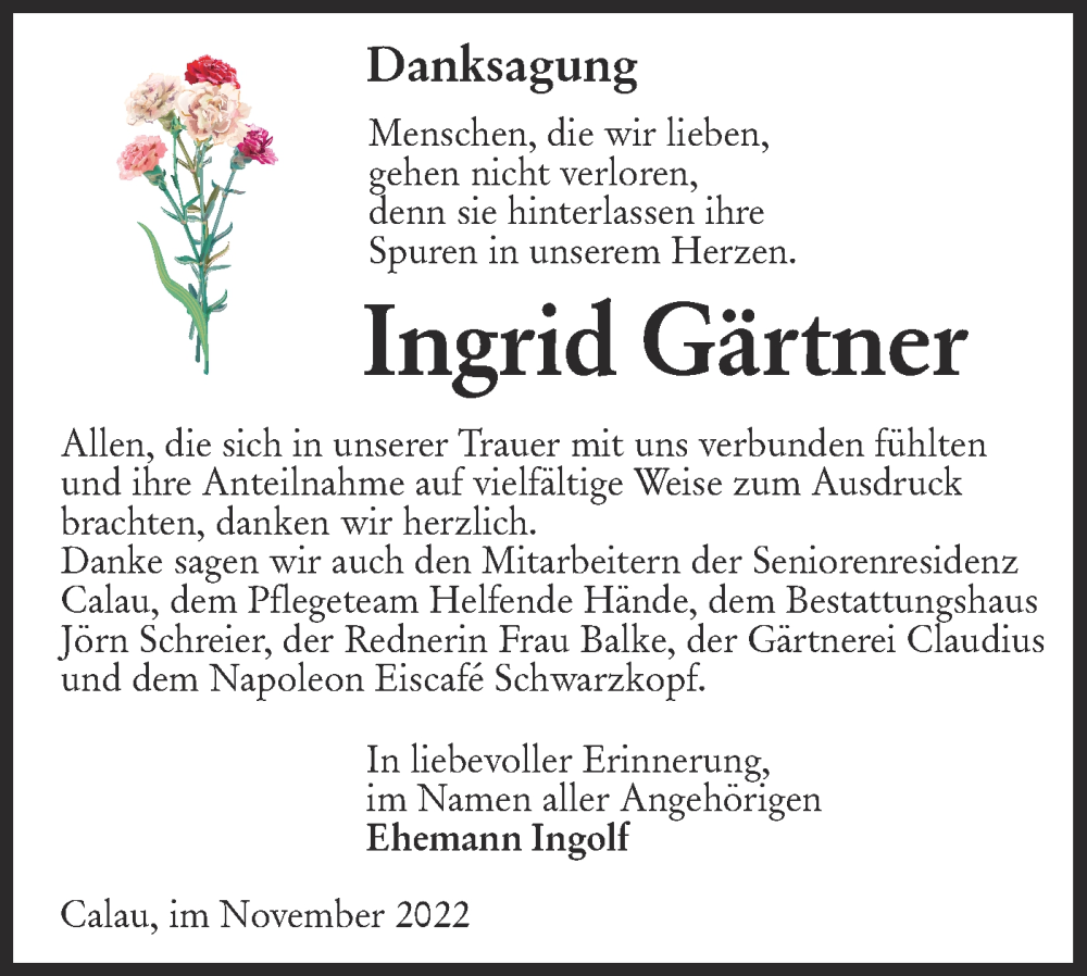  Traueranzeige für Ingrid Gärtner vom 26.11.2022 aus lausitzer_rundschau
