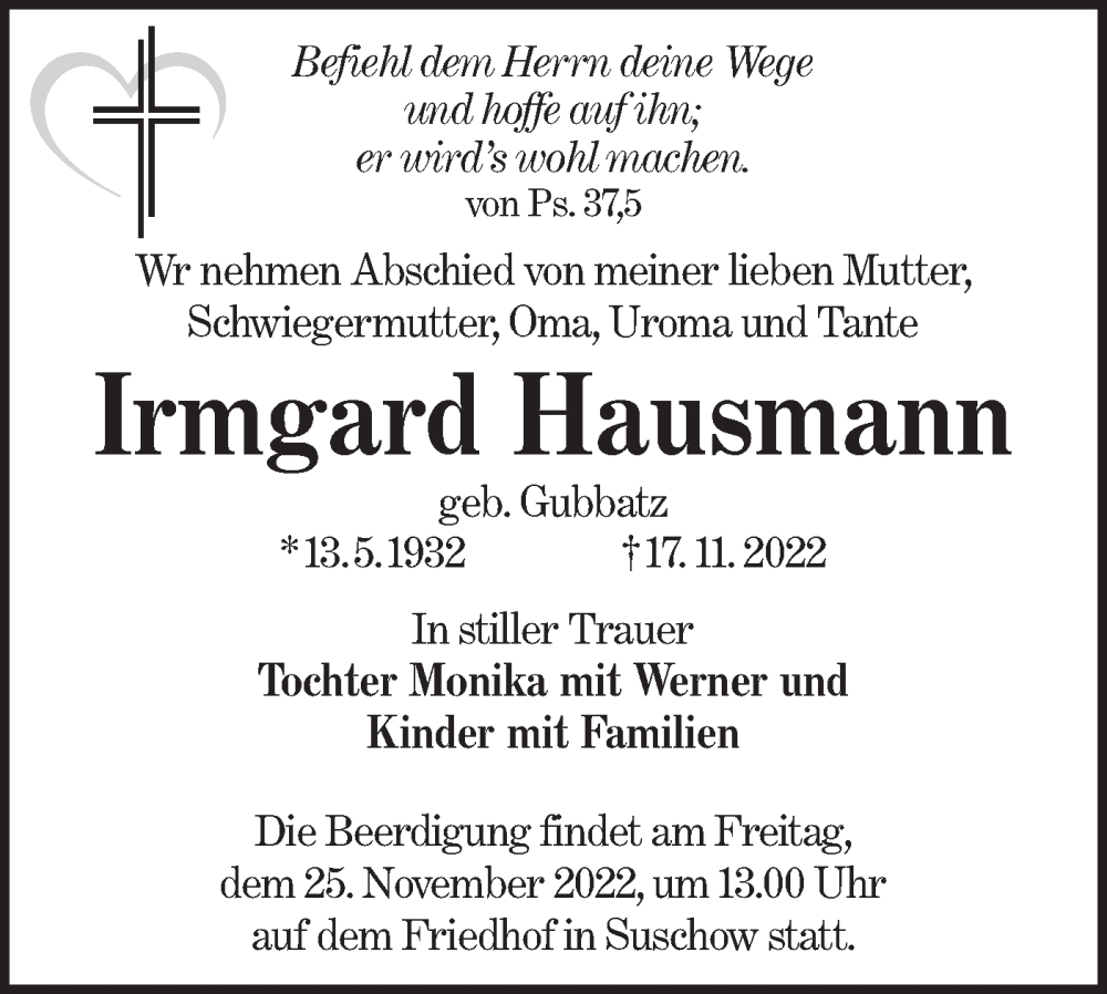  Traueranzeige für Irmgard Hausmann vom 23.11.2022 aus lausitzer_rundschau