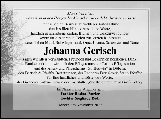 Traueranzeige von Johanna Gerisch von lausitzer_rundschau