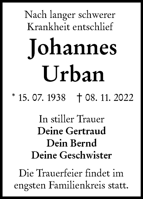 Traueranzeige von Johannes Urban von lausitzer_rundschau