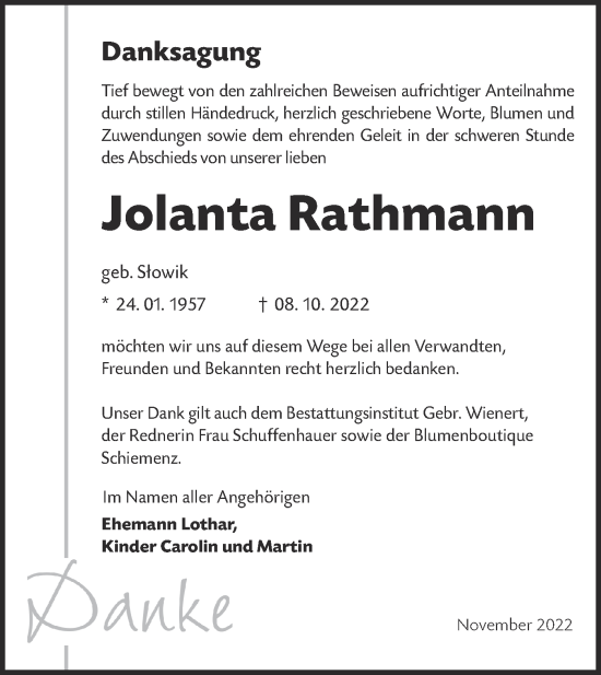 Traueranzeige von Jolanta Rathmann von lausitzer_rundschau