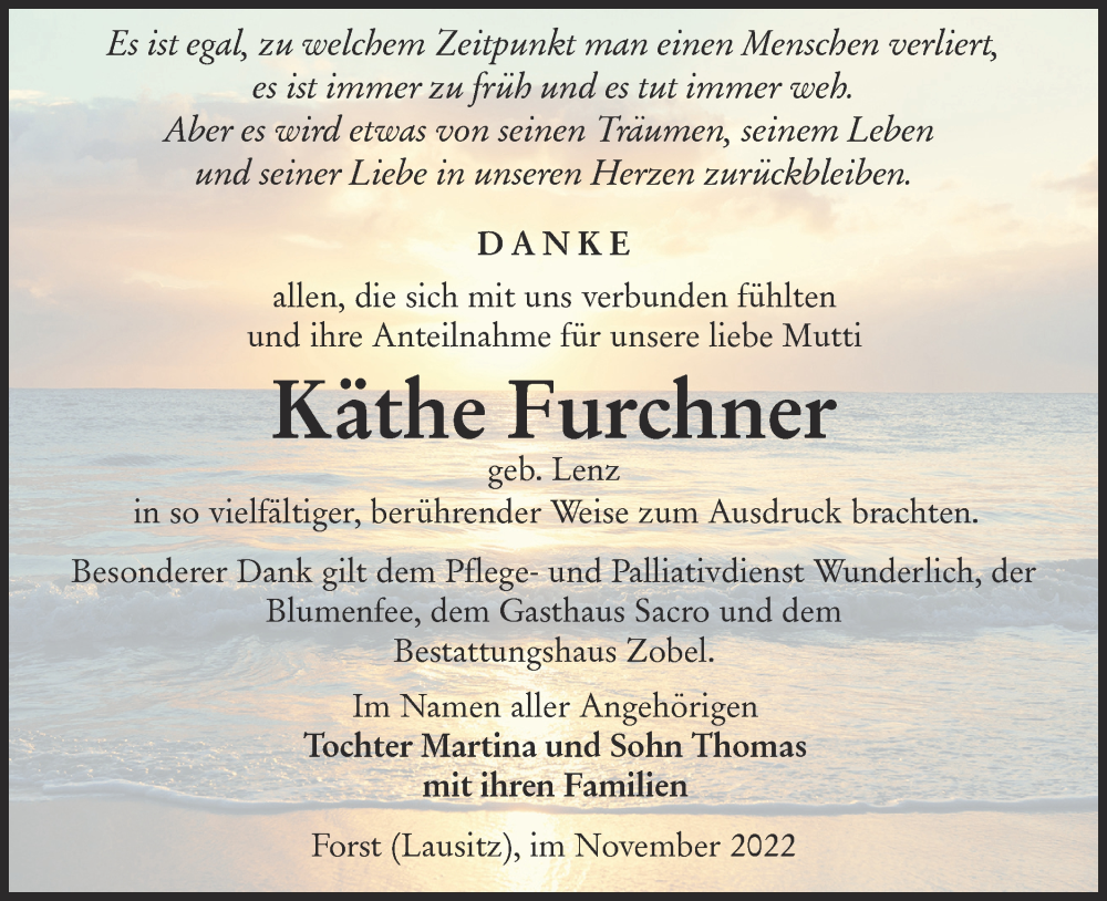 Traueranzeige für Käthe Furchner vom 26.11.2022 aus lausitzer_rundschau
