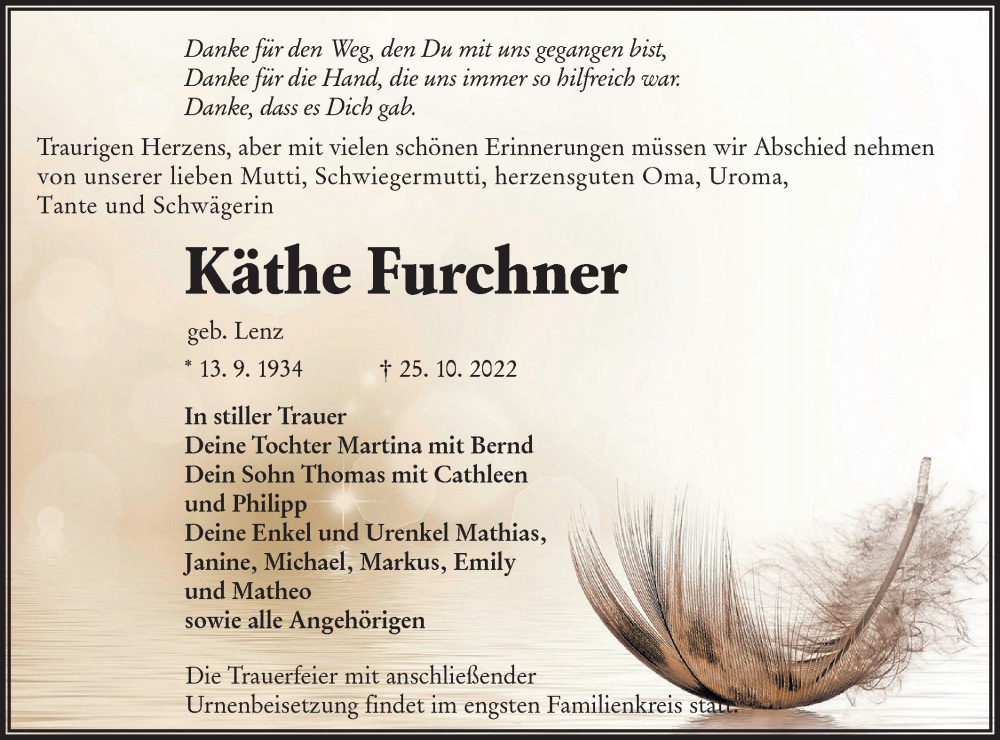  Traueranzeige für Käthe Furchner vom 05.11.2022 aus lausitzer_rundschau