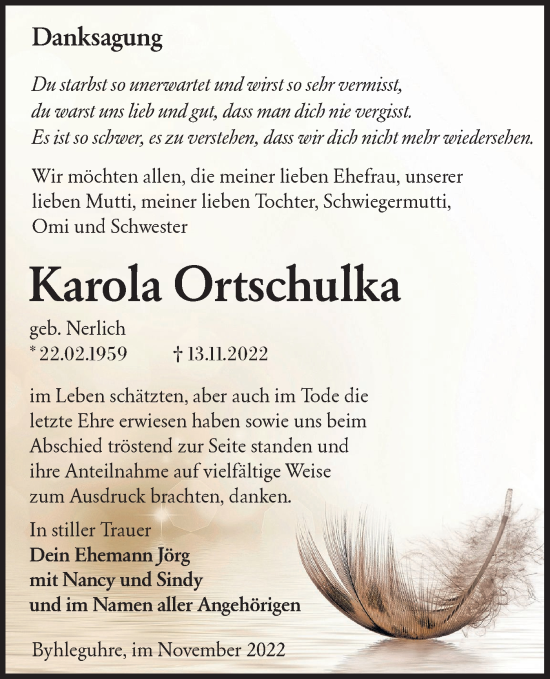 Traueranzeige von Karola Ortschulka von lausitzer_rundschau