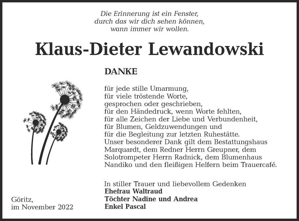  Traueranzeige für Klaus-Dieter Lewandowski vom 26.11.2022 aus lausitzer_rundschau