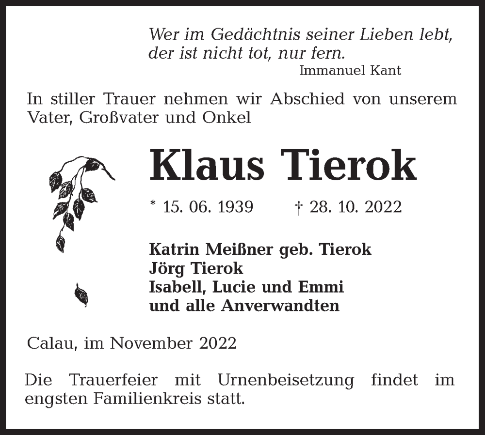 Traueranzeige für Klaus Tierok vom 05.11.2022 aus lausitzer_rundschau