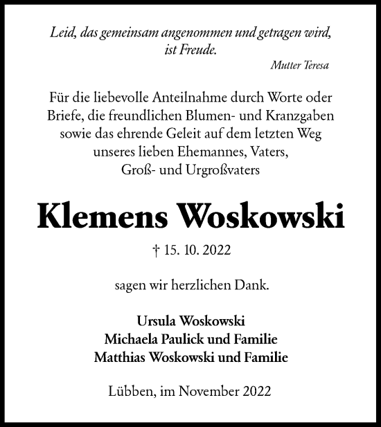 Traueranzeige von Klemens Woskowski von lausitzer_rundschau