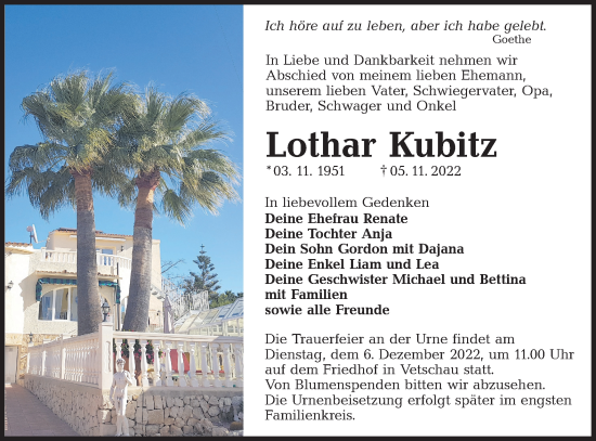 Traueranzeige von Lothar Kubitz von lausitzer_rundschau