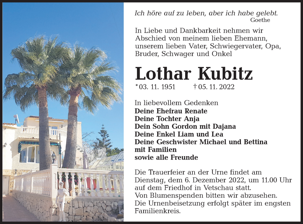  Traueranzeige für Lothar Kubitz vom 26.11.2022 aus lausitzer_rundschau