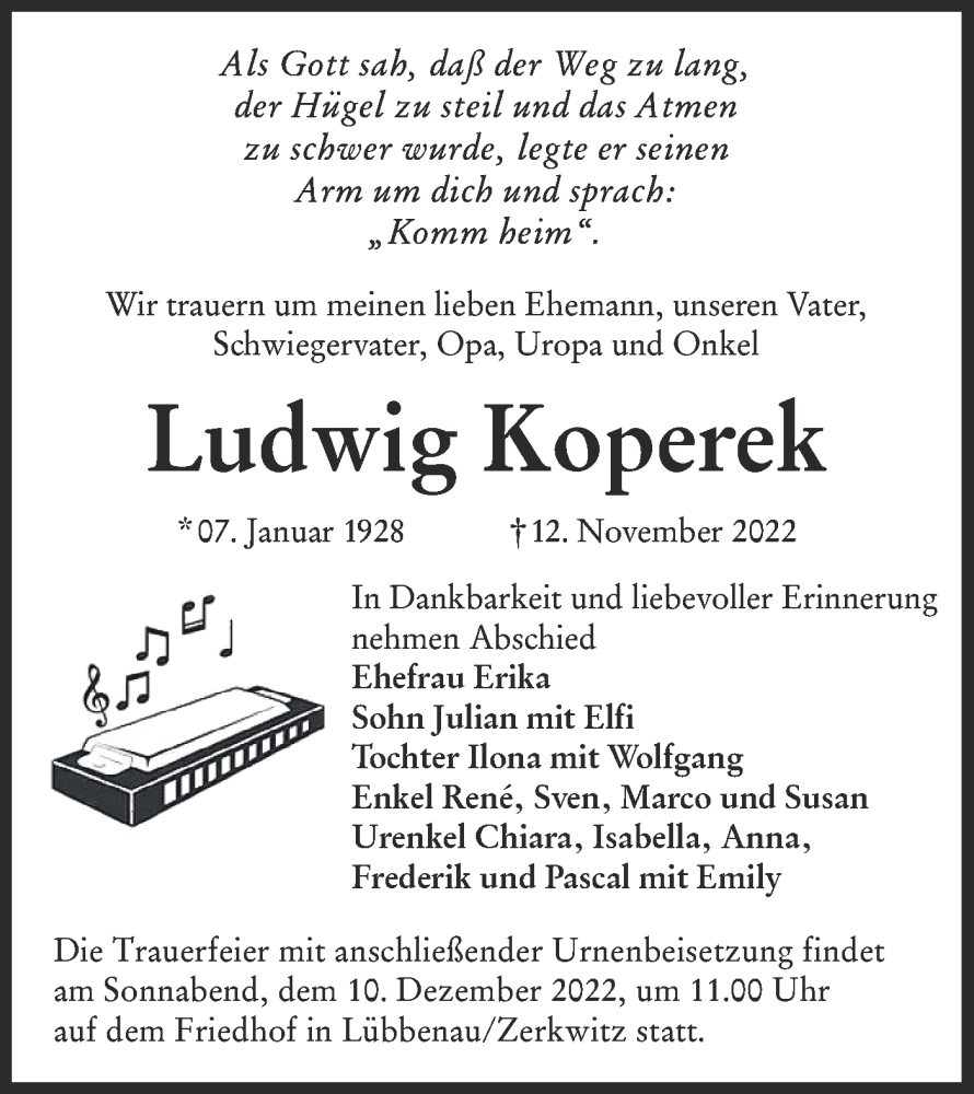  Traueranzeige für Ludwig Koperek vom 26.11.2022 aus lausitzer_rundschau