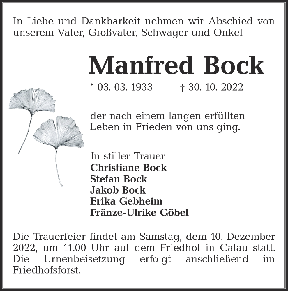  Traueranzeige für Manfred Bock vom 12.11.2022 aus lausitzer_rundschau