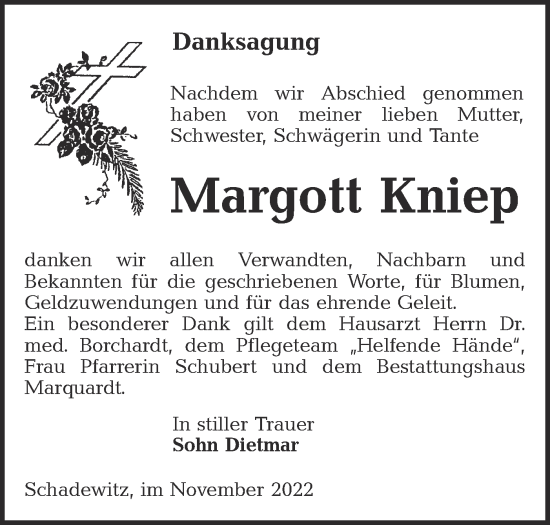 Traueranzeige von Margott Kniep von lausitzer_rundschau