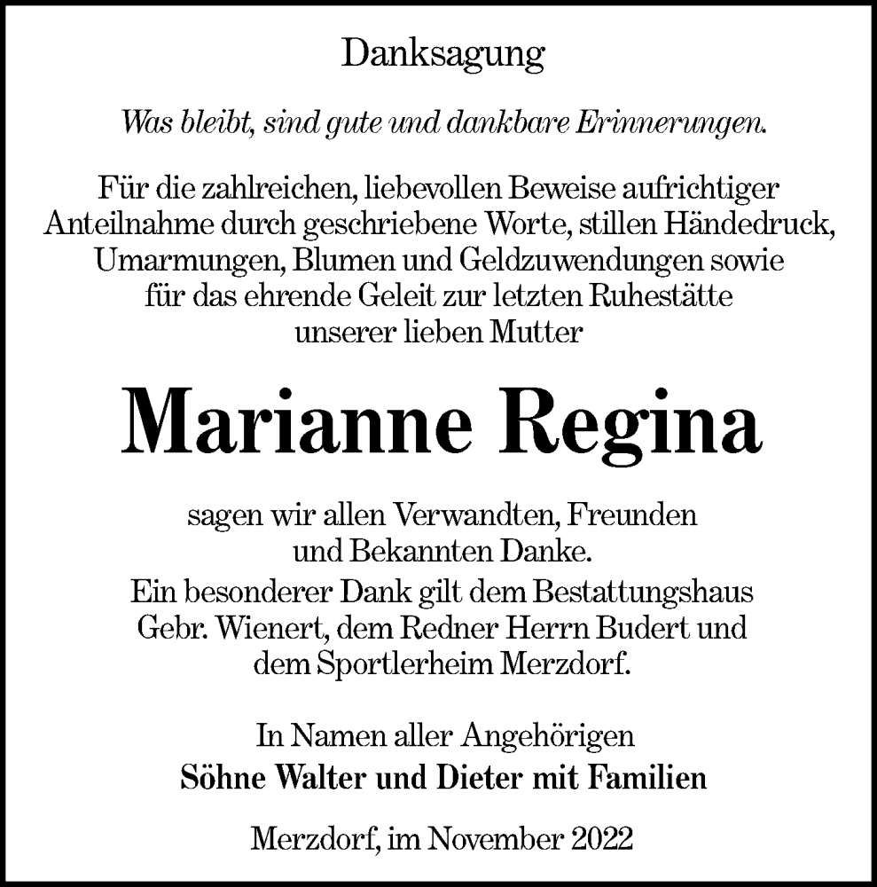  Traueranzeige für Marianne Regina vom 26.11.2022 aus lausitzer_rundschau