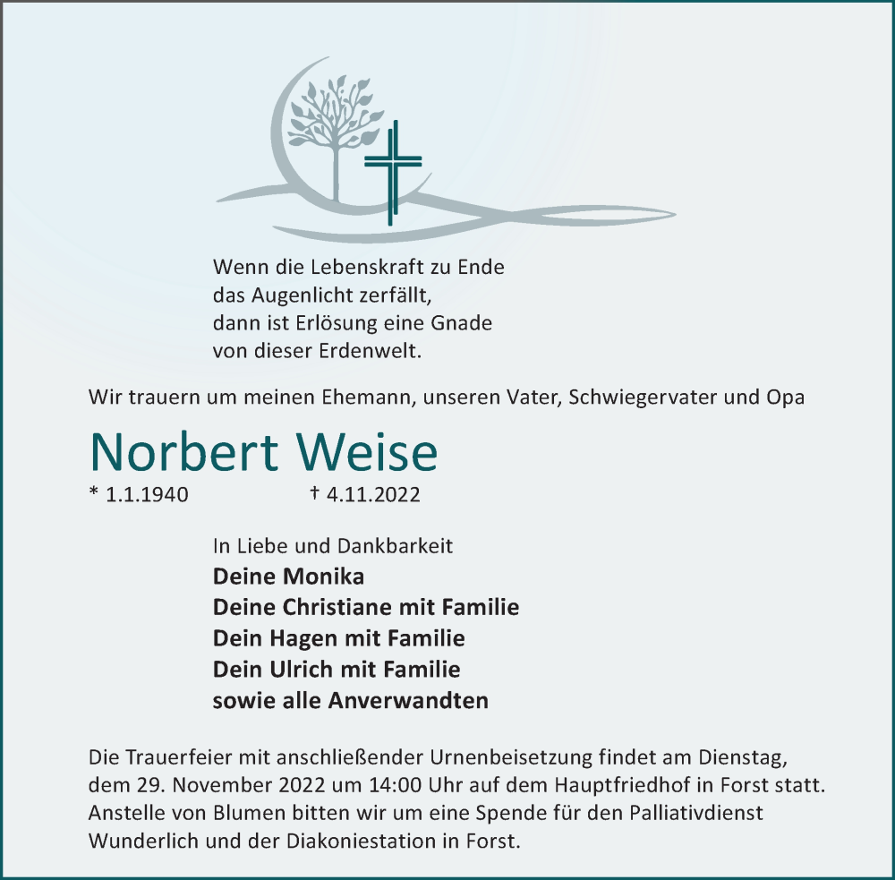  Traueranzeige für Norbert Weise vom 23.11.2022 aus lausitzer_rundschau
