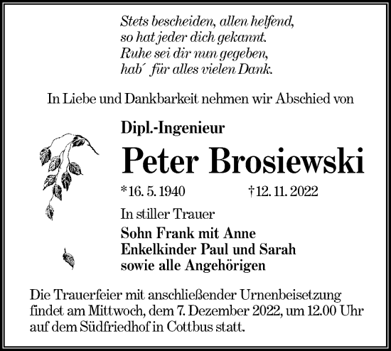 Traueranzeige von Peter Brosiewski von lausitzer_rundschau